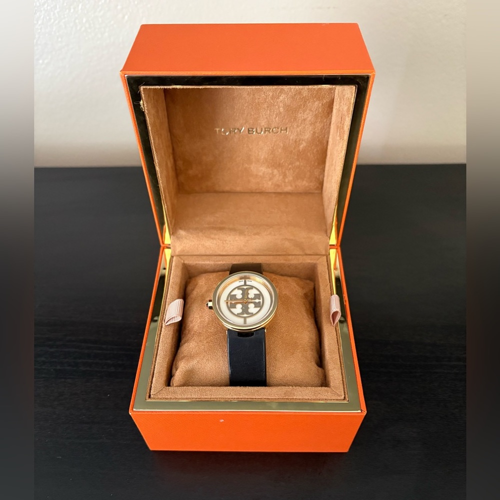 Tory Burch TRB4008 Reva Gold Tone St. Black Leather Strap Watch